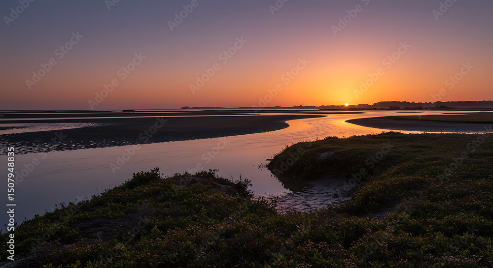 Fototapeta premium Serene Sunset over Coastal Wetlands Orange Sky Tranquil River Landscape