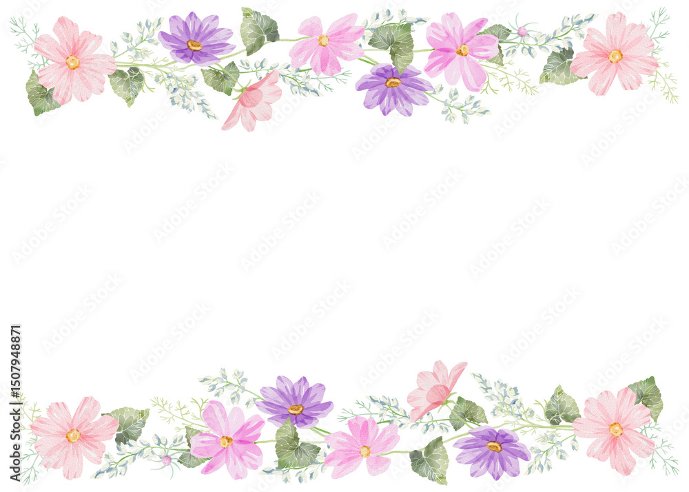 Watercolor top and down frame with purple and pink cosmea flowers. Hand-drawn watercolor floral frame. Perfect for wedding invitations, botanical prints, minimalist home decor, romantic greeting cards Watercolor top and down frame with purple and pink cosmea flowers. Hand-drawn watercolor floral frame. Perfect for wedding invitations, botanical prints, minimalist home decor, romantic greeting cards
