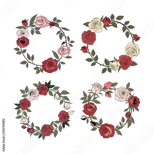 A circular floral wreath made of realistic red and light pink roses with green leaves, arranged symmetrically. The flowers form a complete ring with a transparent or white background 