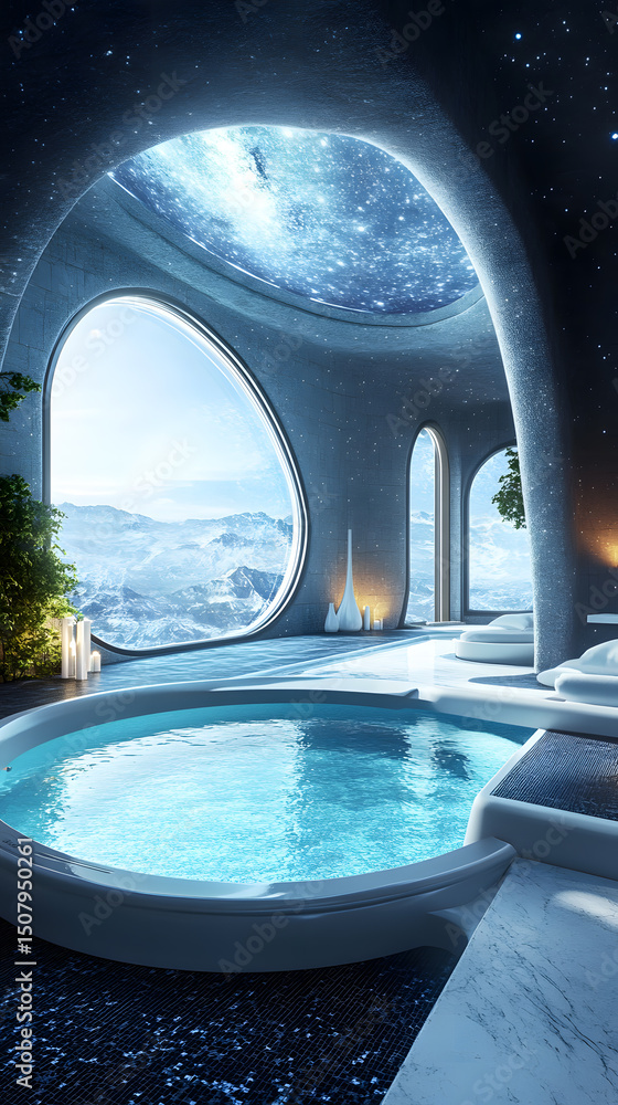 Fototapeta premium indoor pool featuring futuristic design, offering mountain views through windows with starry ceiling