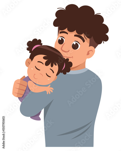 A touching cartoon illustration of a father gently holding his sleeping daughter on his shoulder.