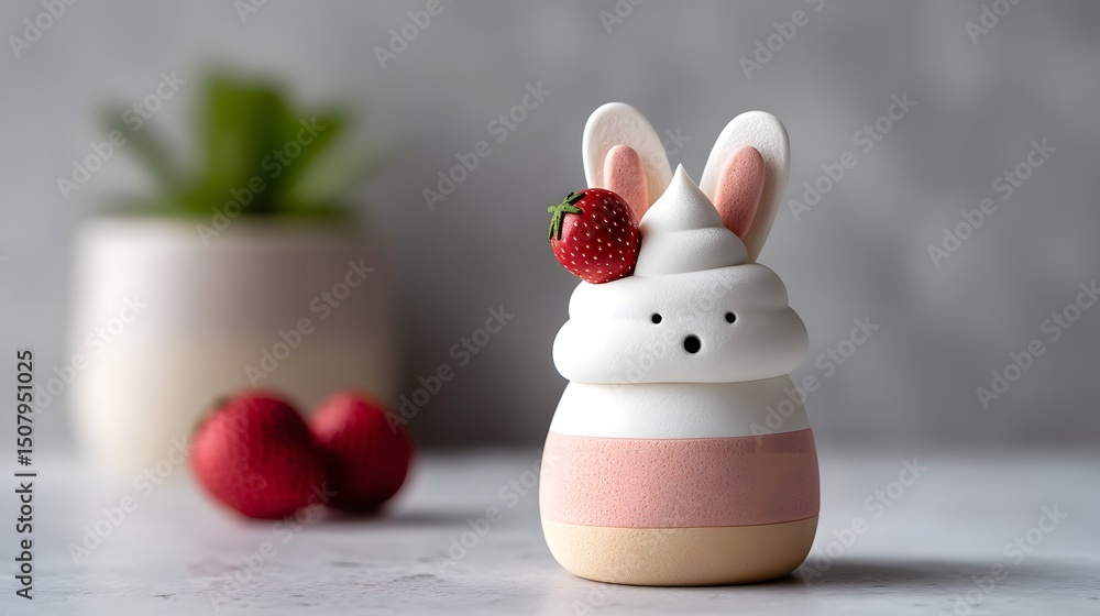 Adorable clay bunny figurine with whipped cream and strawberries Adorable clay bunny figurine with whipped cream and strawberries