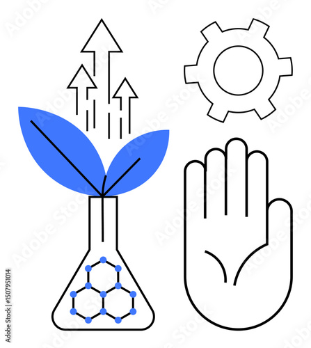 Flask with a plant, growth arrows, molecular pattern, hand, and gear. Ideal for sustainability, innovation, eco-tech, biotechnology environmental protection renewable energy simple landing page