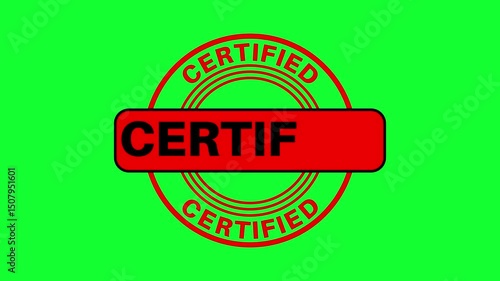 Certified stamp animation with bold lettering appearing on a green screen background. Perfect for video overlays, business approvals, document verification, and chroma key editing.

