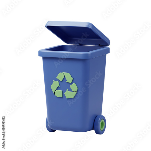 Blue Recycling Bin with Open Lid and Recycle Symbol