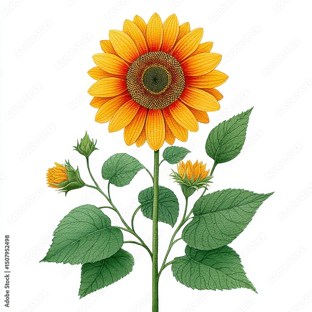 Obraz premium Vibrant Yellow Sunflower with Green Leaves and Buds on White Background
