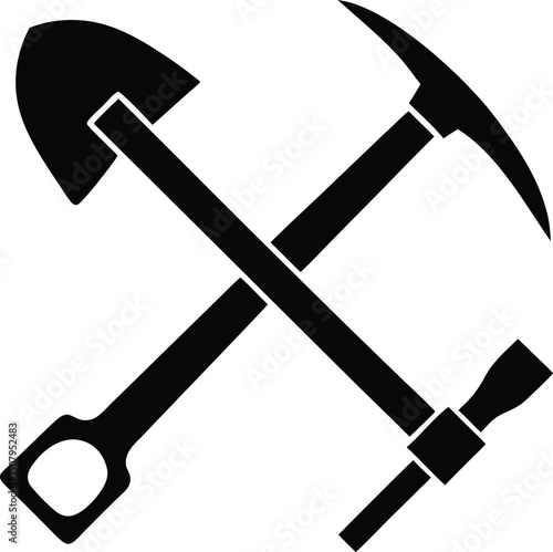 Crossed Shovel and Pickaxe Silhouette – Mining, Construction, Labor Tools Icon