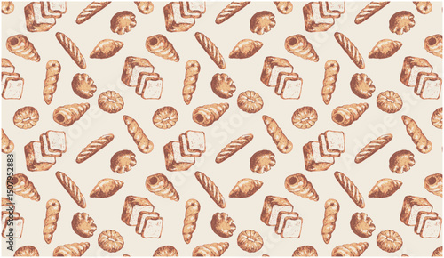 パンのイラストのシームレスパターン。繰り返し描かれたベクターテクスチャ