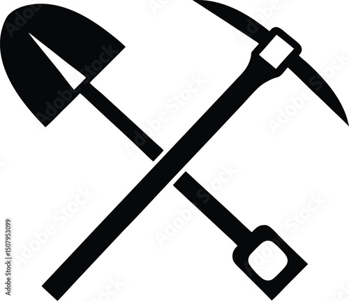Crossed Shovel and Pickaxe Silhouette – Mining, Construction, Labor Tools Icon