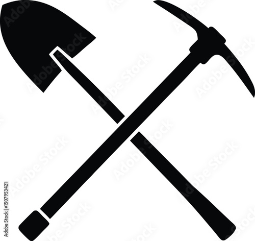 Crossed Shovel and Pickaxe Silhouette – Mining, Construction, Labor Tools Icon