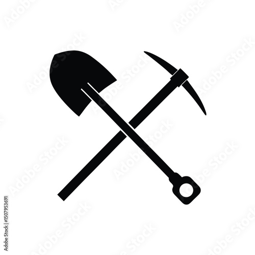 Crossed Shovel and Pickaxe Silhouette – Mining, Construction, Labor Tools Icon