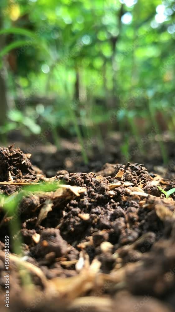 Macro shot of moist soil with organic mulch, capturing the early stages of plant growth in a lush garden environment with blurred greenery in the background. Macro shot of moist soil with organic mulch, capturing the early stages of plant growth in a lush garden environment with blurred greenery in the background.