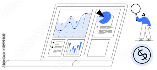 Open laptop showcasing charts, graphs, and analytics. Person with speech bubble and dollar icon nearby. Ideal for data analysis, business strategy, finance, report, research technology simple