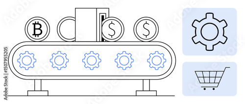 Conveyor with coins labeled Bitcoin and Dollar, surrounded by gears. Two icons representing settings and shopping. Ideal for cryptocurrency, automation, finance, technology, e-commerce, innovation