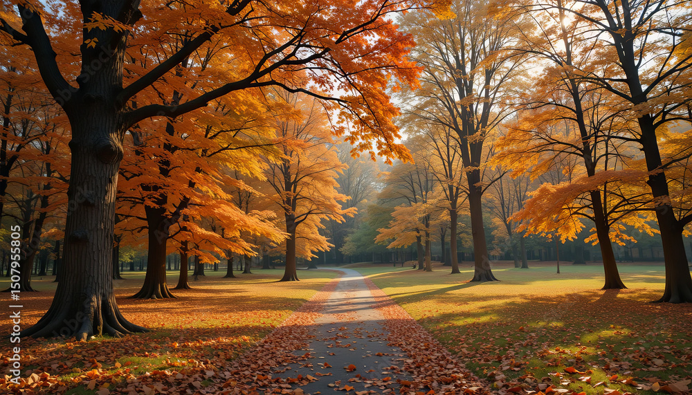 Fototapeta premium Golden and orange leaves adorn trees along a peaceful pathway in the park. Sunlight filters through the foliage, creating a serene atmosphere typical of autumn