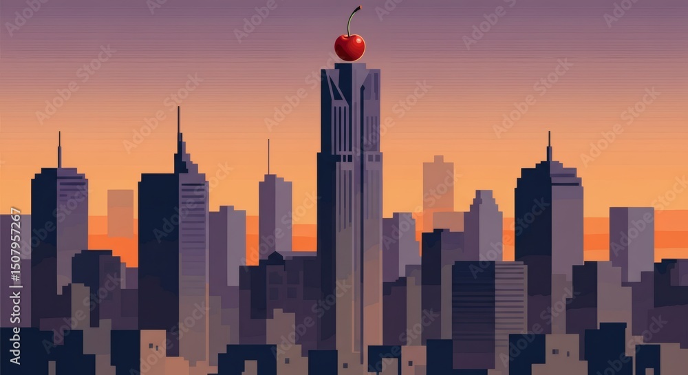 Obraz premium Pixel Art Cityscape Sunrise over Metropolis with Cherry on Top