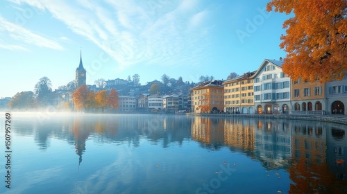 Wallpaper Mural Picturesque Swiss Lakeside Town in Autumn Torontodigital.ca