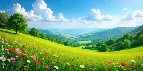 Serene landscape featuring lush greenery, vibrant wildflowers, and rolling hills under a clear blue sky  Perfect for nature, travel, and environmental themes , landscape,  botany