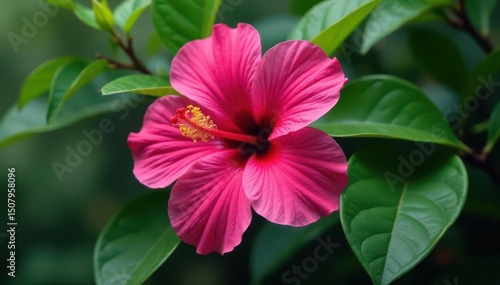 Bold fuchsia hibiscus, lush leaves, tropical feel , artwork, nature