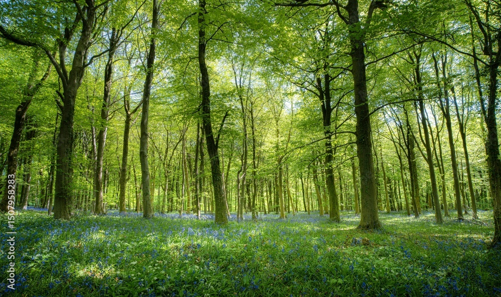 Obraz premium Scenic vie of bluebells in full bloom along the Cotswold Way hiking trail in England