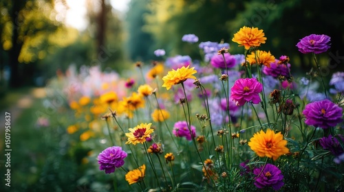 Blooming flowers in meadow inside vibrant tropical paradise concept. Vibrant flowers in a serene garden setting during golden hour.