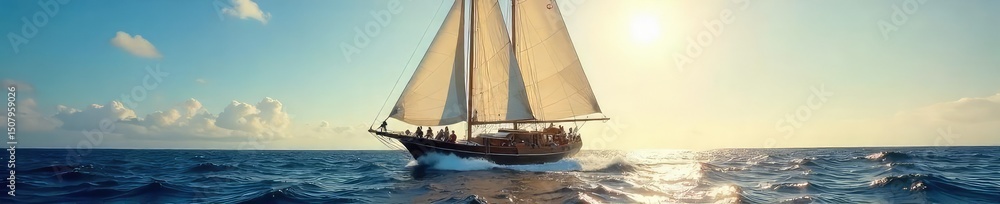 Naklejka premium Triumphant sailboat at sea, sunlight gleaming on sails, waves cresting, a feeling of freedom and accomplishment , boat, win, ocean