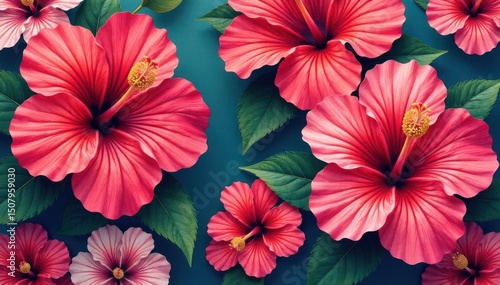 Bold hibiscus print, stylized petals, repeating motif , textile, modern, tropical