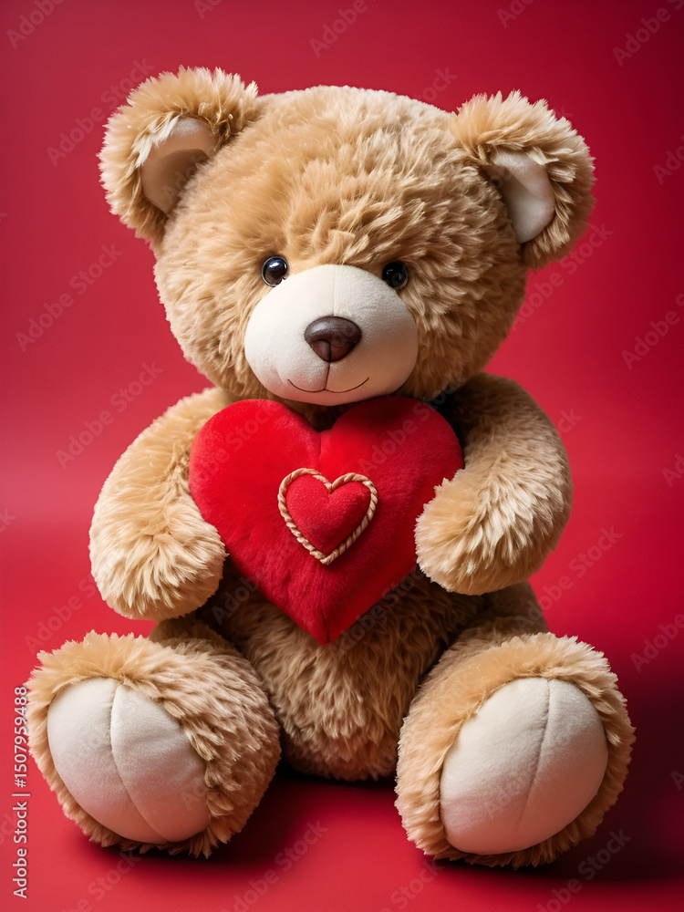 Beautiful Valentine background featuring a teddy bear hugging a red love symbol, creating a romantic and affectionate atmosphere. Beautiful Valentine background featuring a teddy bear hugging a red love symbol, creating a romantic and affectionate atmosphere.
