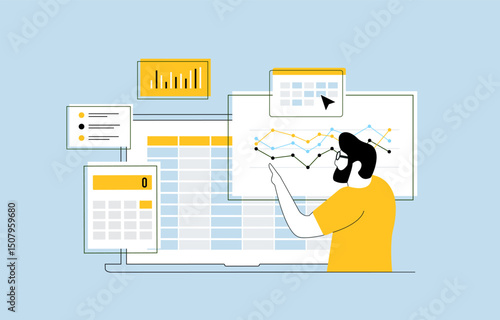 Accounting audit illustration featuring budget calculation tools, profit and loss analysis and financial report data visualization. Ideal for business accounting presentations and reports