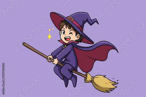 A playful child in a witch costume flying sideways on a broom with a mischievous smile.