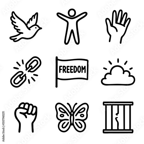 A set of doodle line icons representing freedom, human rights, breaking barriers, hope, and personal liberation in symbolic form
