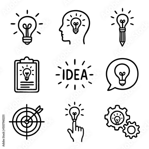 A set of doodle line icons representing ideas, creativity, innovation, planning, and problem solving with light bulbs and related symbols