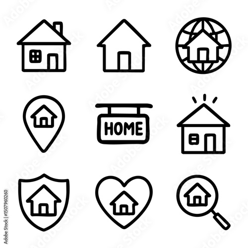 A set of doodle line icons representing home, property search, location, real estate, safety, and housing concepts in a simple style