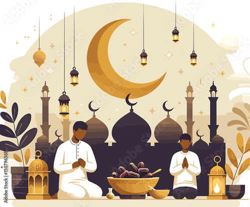 Flat Vector Illustration of Ramadan Celebration with People Praying, Mosque Silhouette, and Lanterns