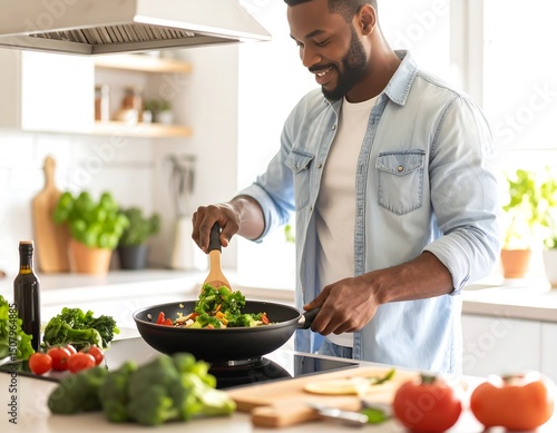 Happy man cooks vegetables in modern kitchen