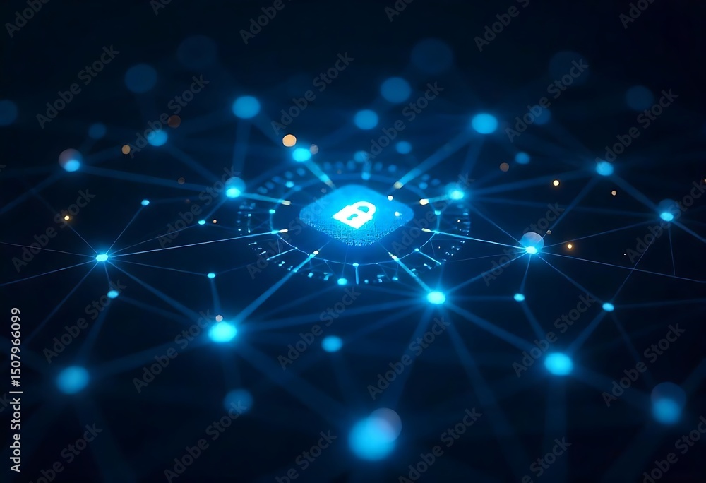 Obraz premium Futuristic circuit board visual representing secure AI tech system. Emphasizes data protection, healthcare innovation, cybersecurity, insurance safety, and modern privacy solutions in digital infrastr