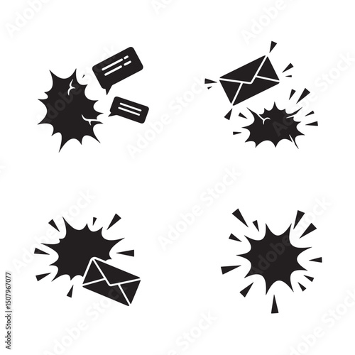 Four silhouette black icons of email and chat message bubble symbols with explosive starburst elements for communication