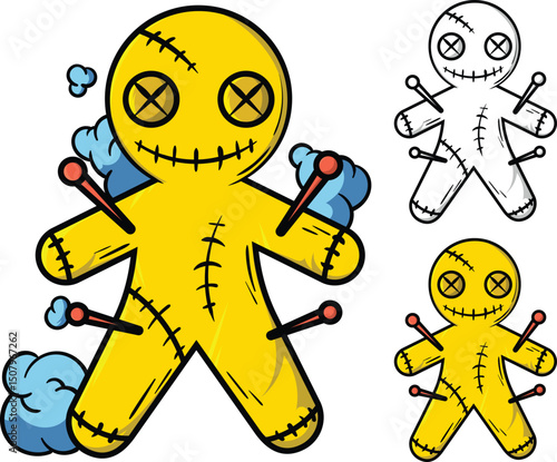 Creepy Retro Straw Doll Stitched with Needles - Vintage Cartoon Vector Illustration