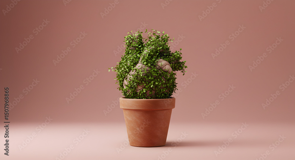 Fototapeta premium Potted Green Foliage Plant in Brown Ceramic Pot against Light Pink Backdrop in Studio Lighting