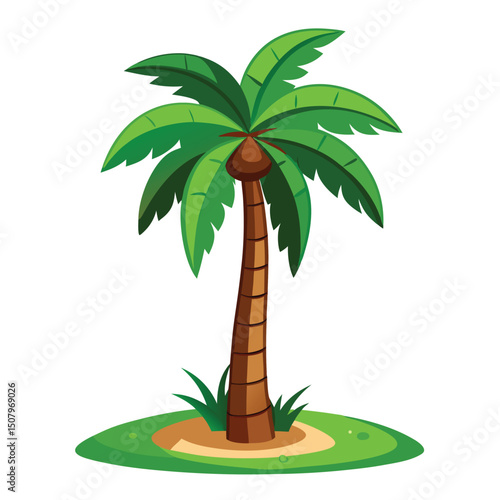 A vibrant cartoon palm tree on a small island in a tropical and summery scene