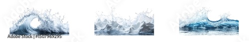 set of Powerful water waves with splashes isolated on white background.