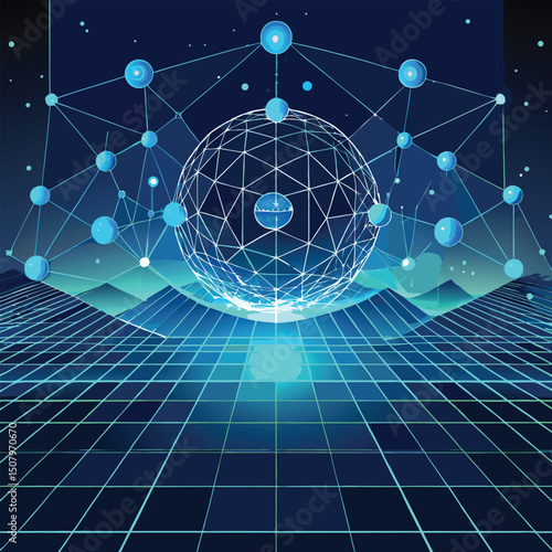 Abstract illustration of interconnected spheres and digital networks against a blue gradient background