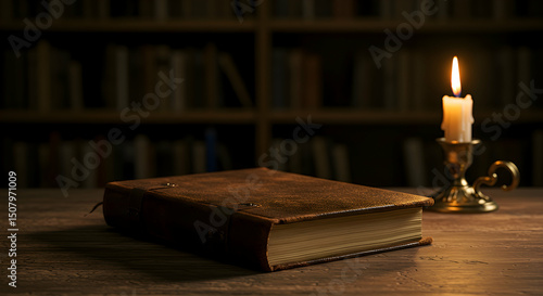 Wallpaper Mural Old Book and Candlelight on Wooden Table in Dark Room Torontodigital.ca