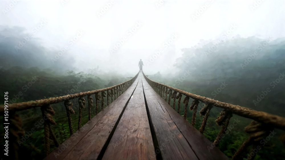 Obraz premium A single character is seen traversing a little rope bridge that becomes obscured in the surrounding mist. Delve into parts of society that are less understood