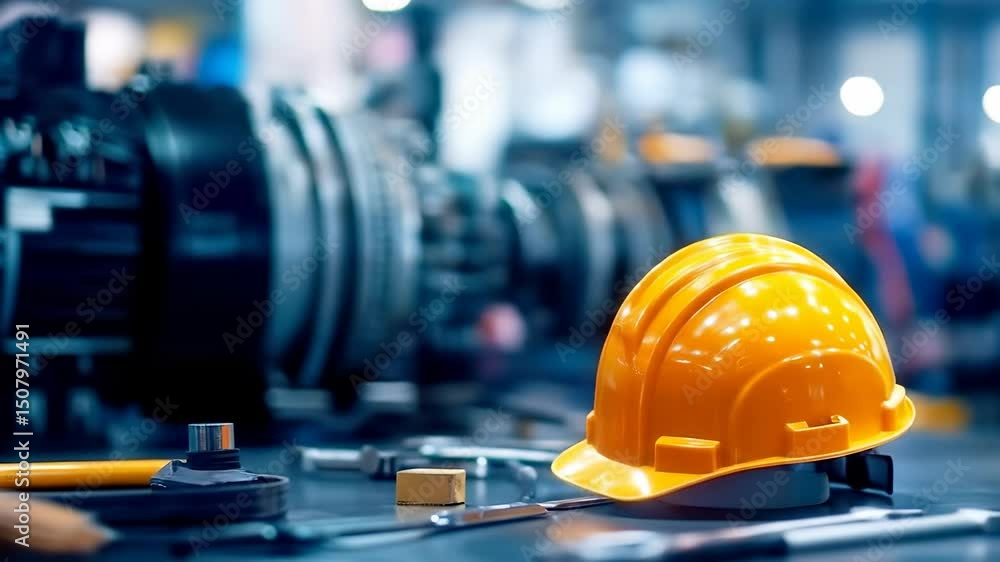 Yellow construction helmet and safety tools on table in industrial workshop with warm sunlight and factory environment background Yellow construction helmet and safety tools on table in industrial workshop with warm sunlight and factory environment background