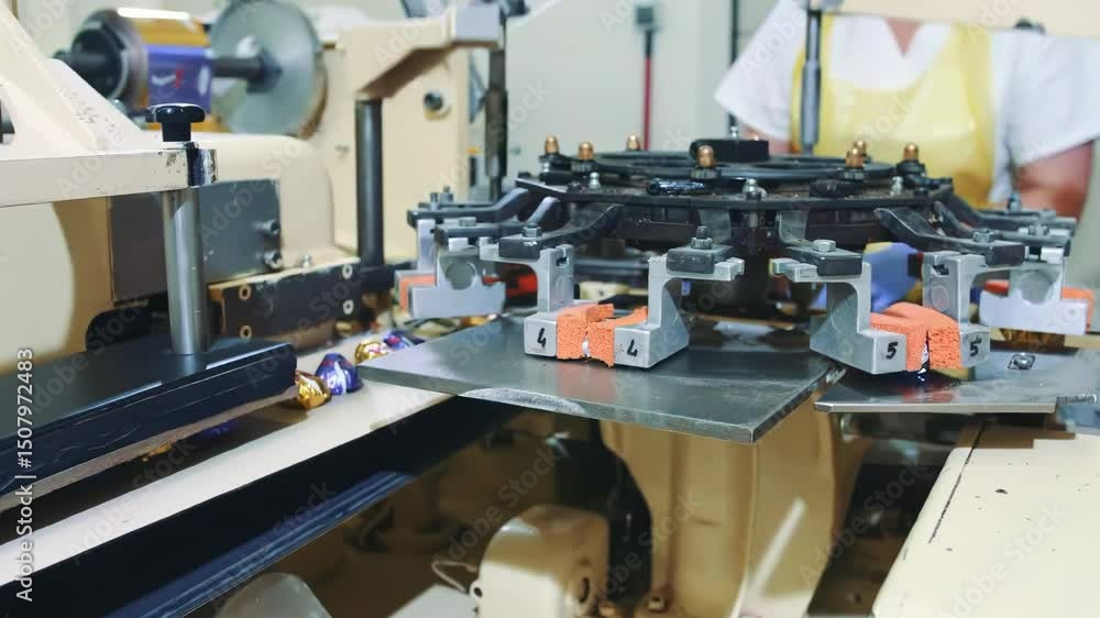 Food production on conveyor in factory machine setting. Packaging conveyor of sweets in plastic packaging. Food production on conveyor in factory machine setting. Packaging conveyor of sweets in plastic packaging.