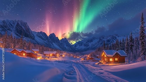 Aurora casting vibrant colors over a serene snowy valley dotted with softly glowing cabins, Generative AI
