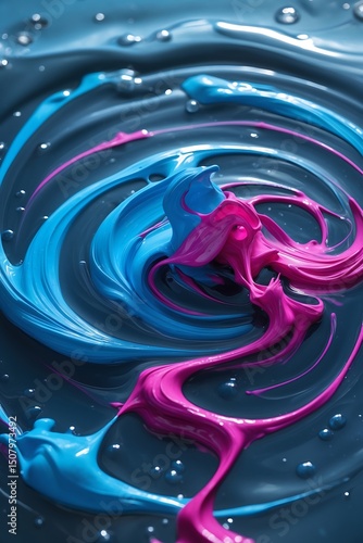 Oil paint swirls on water, cyan and magenta tendrils colliding.