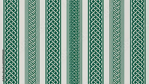 Elegant Arabic Seamless Border Ornament: Detailed Green and White Pattern with Intertwined Geometric Shapes - Ideal for Islamic Art, Decorative Design, and Cultural Backgrounds