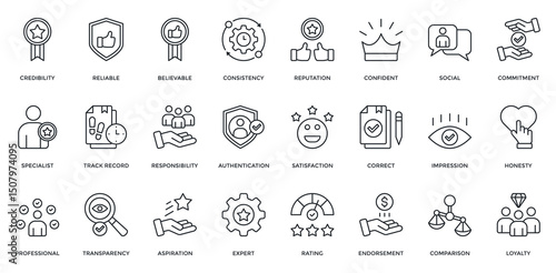 Credibility icon set. Containing  reliable, believable, consistency, reputation, track record, professional, loyalty. Outline style
